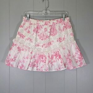 Love Shack Fancy Tiered Ruffle Pink Floral Skirt Size L